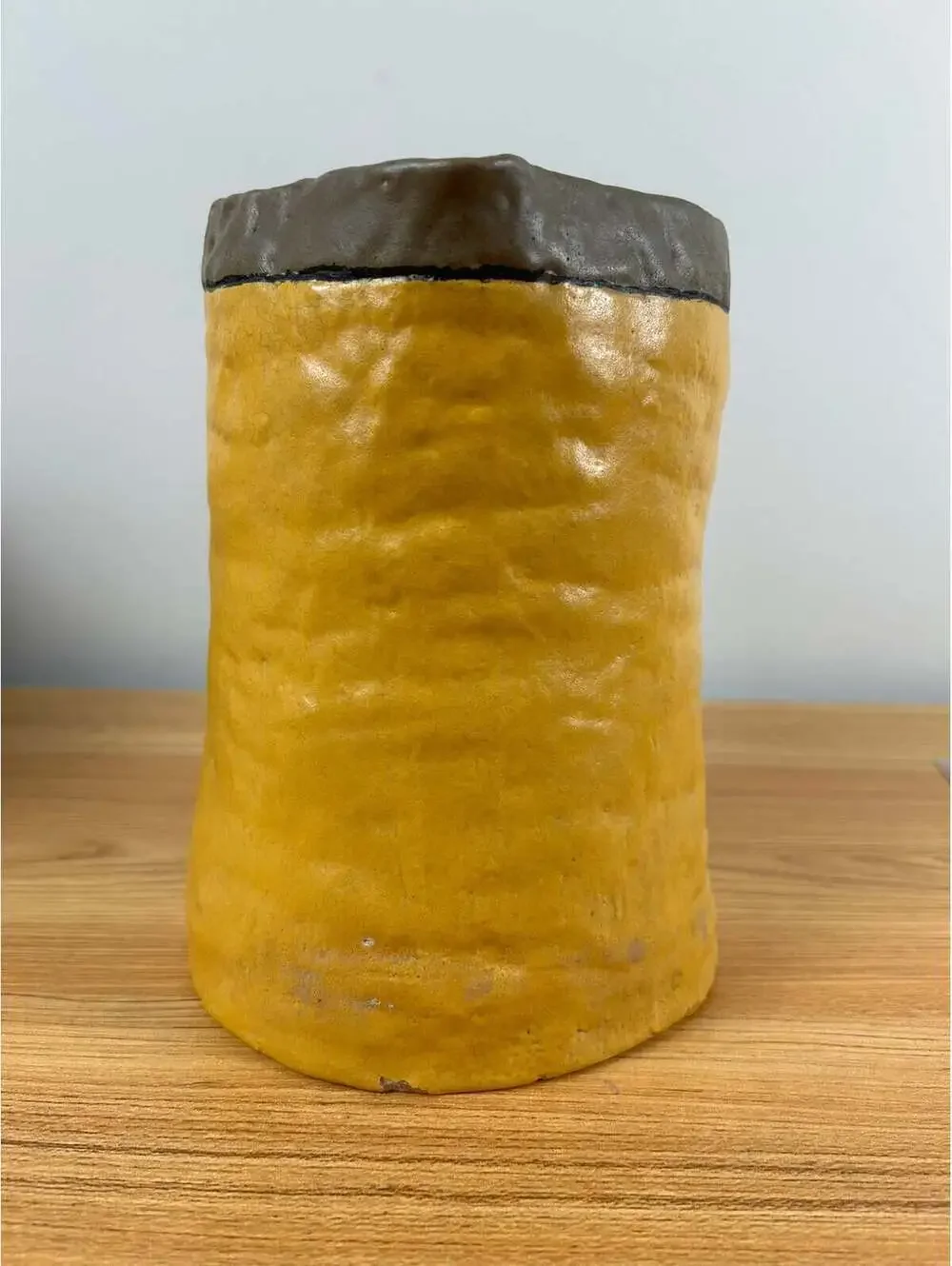 SEG Style Early 1900s Student Pottery Yellow Brown Glazed Handled Pitcher